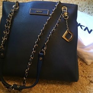 DKNY Blue Leather Purse with Woven Gold Chain